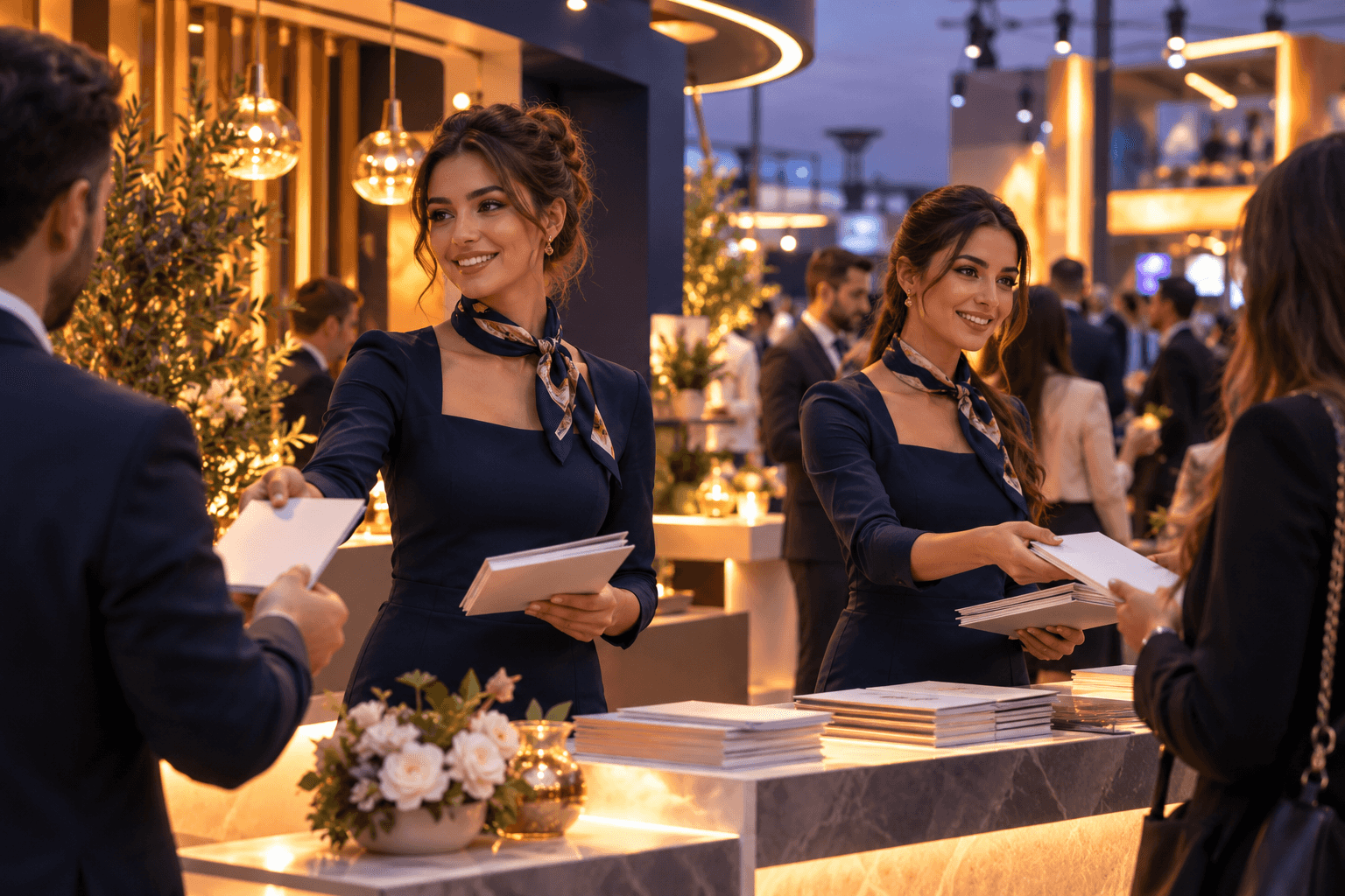 Fuar standında ziyaretçileri karşılayan hostesler